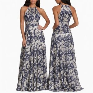 Betsy and Adam Metallic Floral Halter Top Gown Size 10 Blue & Gold Foil Flowers